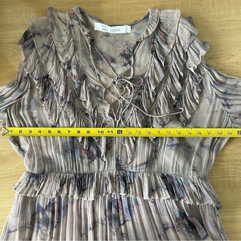 IRO Banon Floral Mini Blouson Dress Ruffles V-Neck Lace Up Size 44 - Picture 12 of 16
